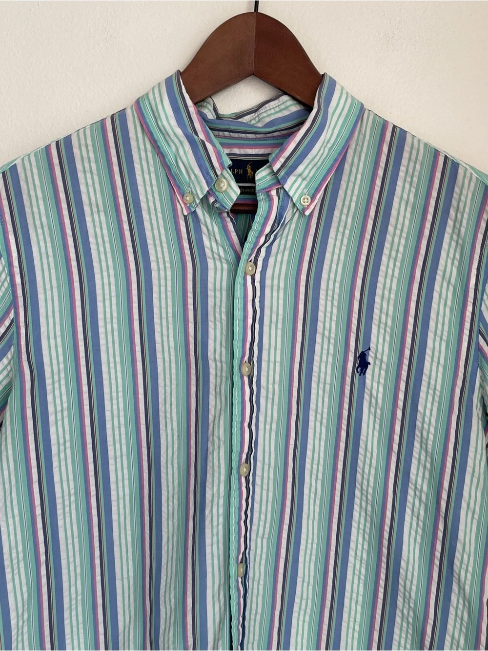 Polo Ralph Lauren RL Prepster Seersucker Stripe Button Down Shirt Short Sleeve M